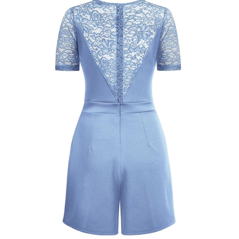 Light Blue Floral Lace Short Sleeve Jumpsuit - Picture 5 of 7